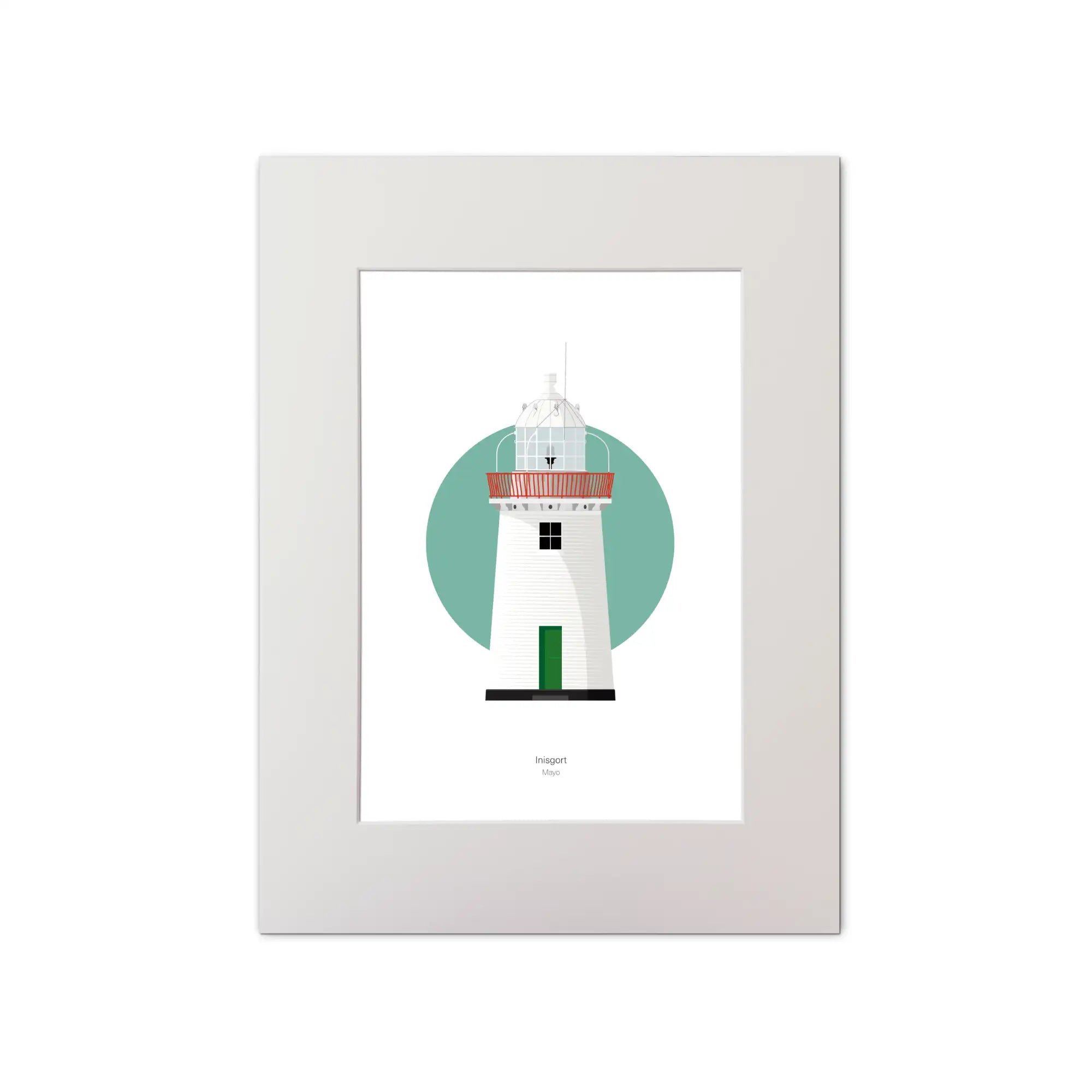 Illustration of Inishgort lighthouse on a white background inside light blue square, mounted and measuring 30x40cm.