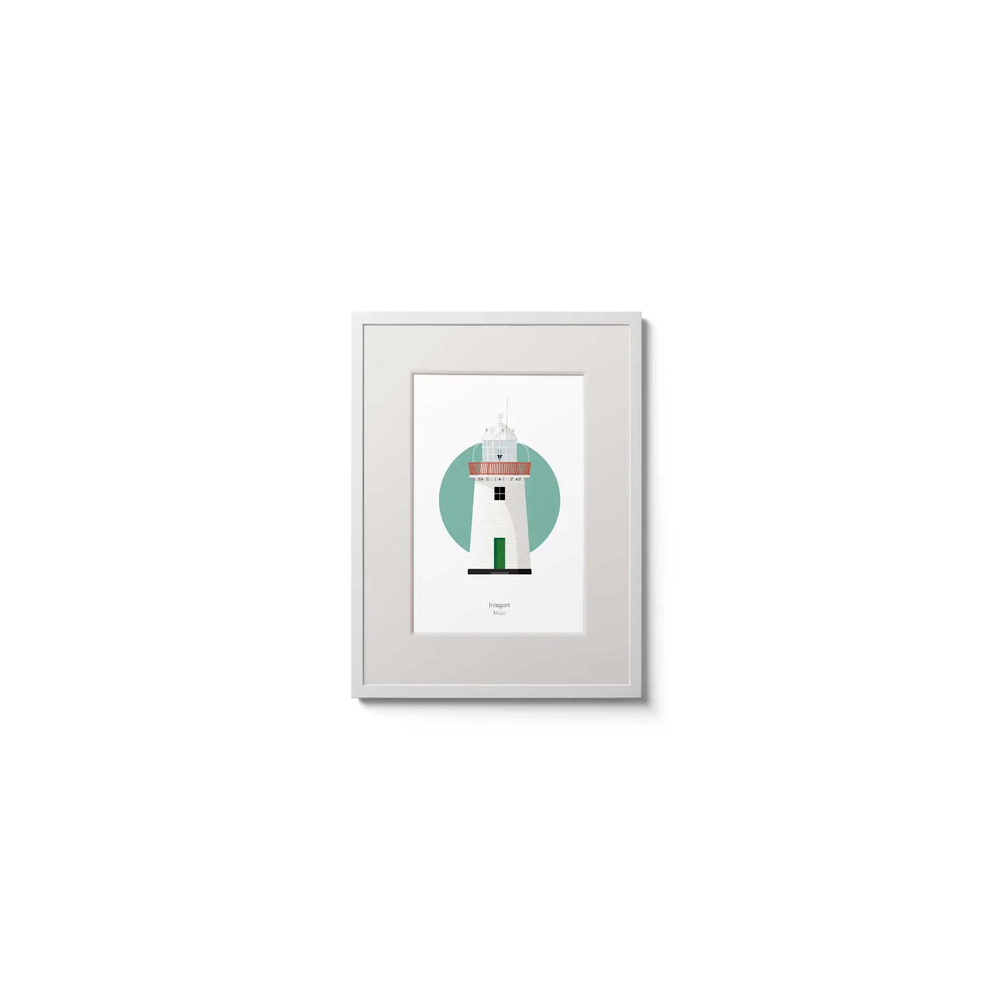 Illustration of Inishgort lighthouse on a white background inside light blue square,  in a white frame measuring 15x20cm.