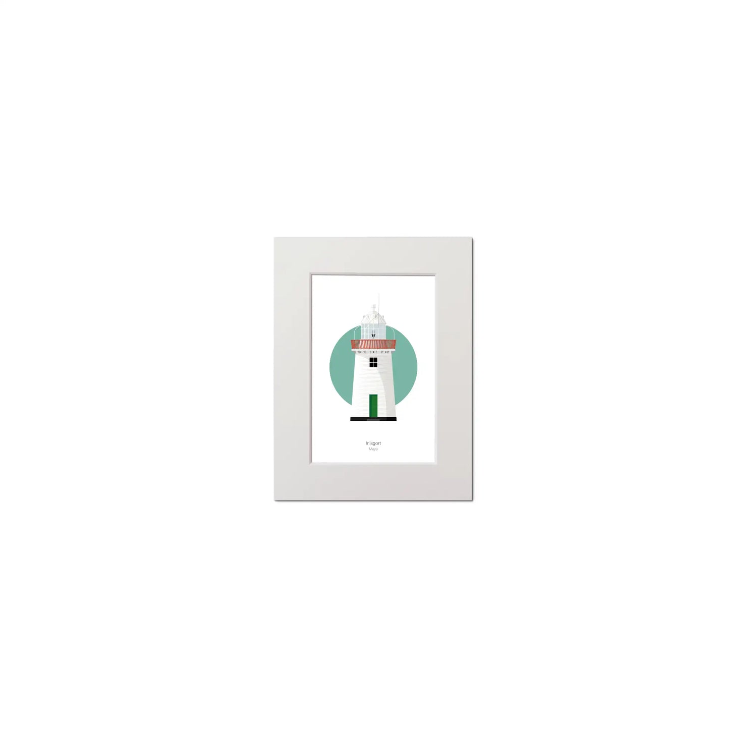 Illustration of Inishgort lighthouse on a white background inside light blue square, mounted and measuring 15x20cm.