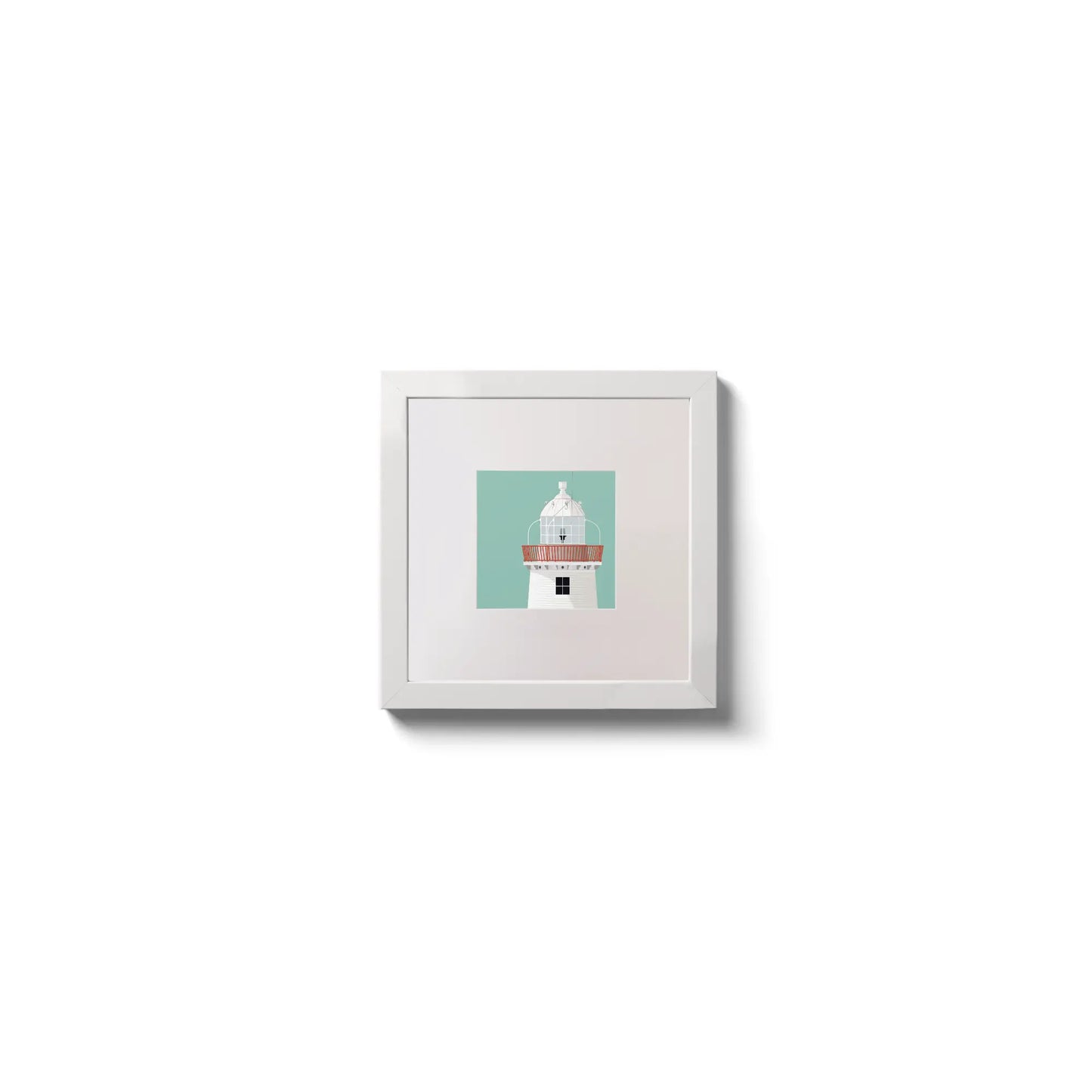 Illustration of Inishgort lighthouse on an ocean green background,  in a white square frame measuring 10x10cm.