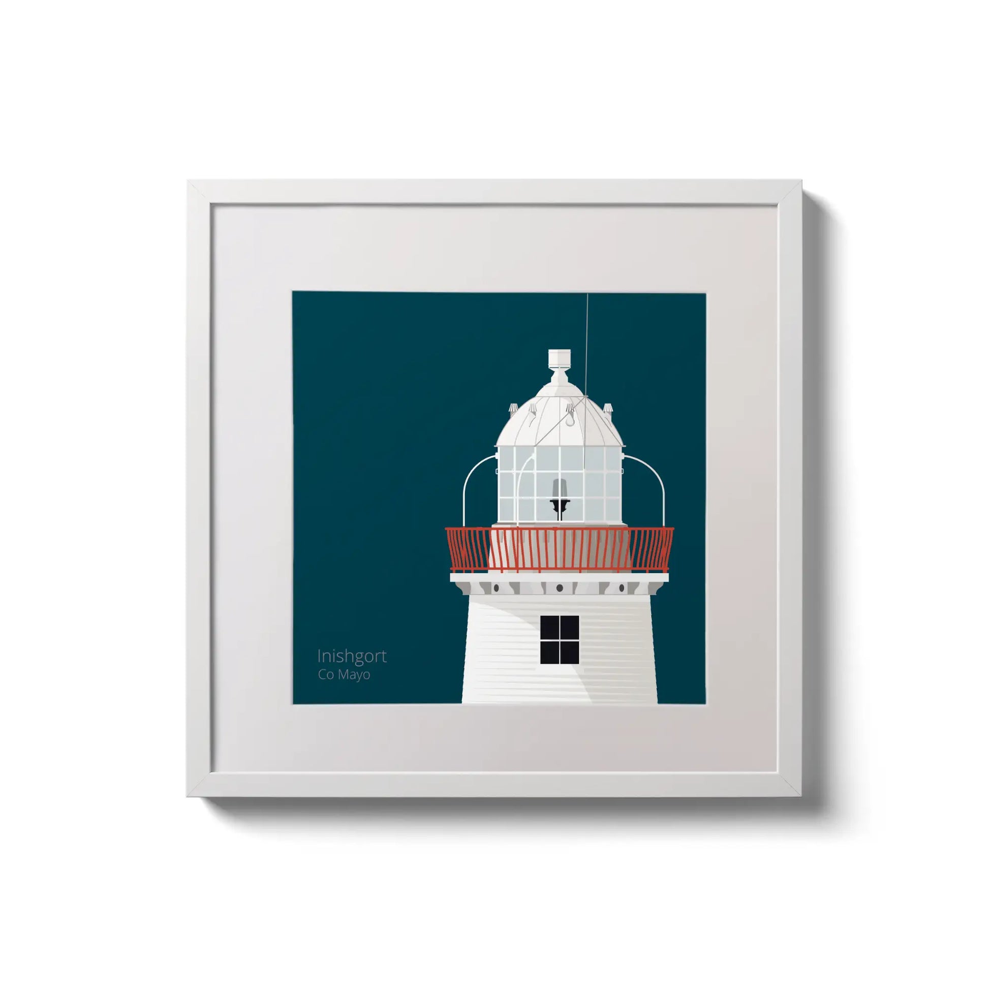 Illustration of Inishgort lighthouse on a midnight blue background,  in a white square frame measuring 20x20cm.