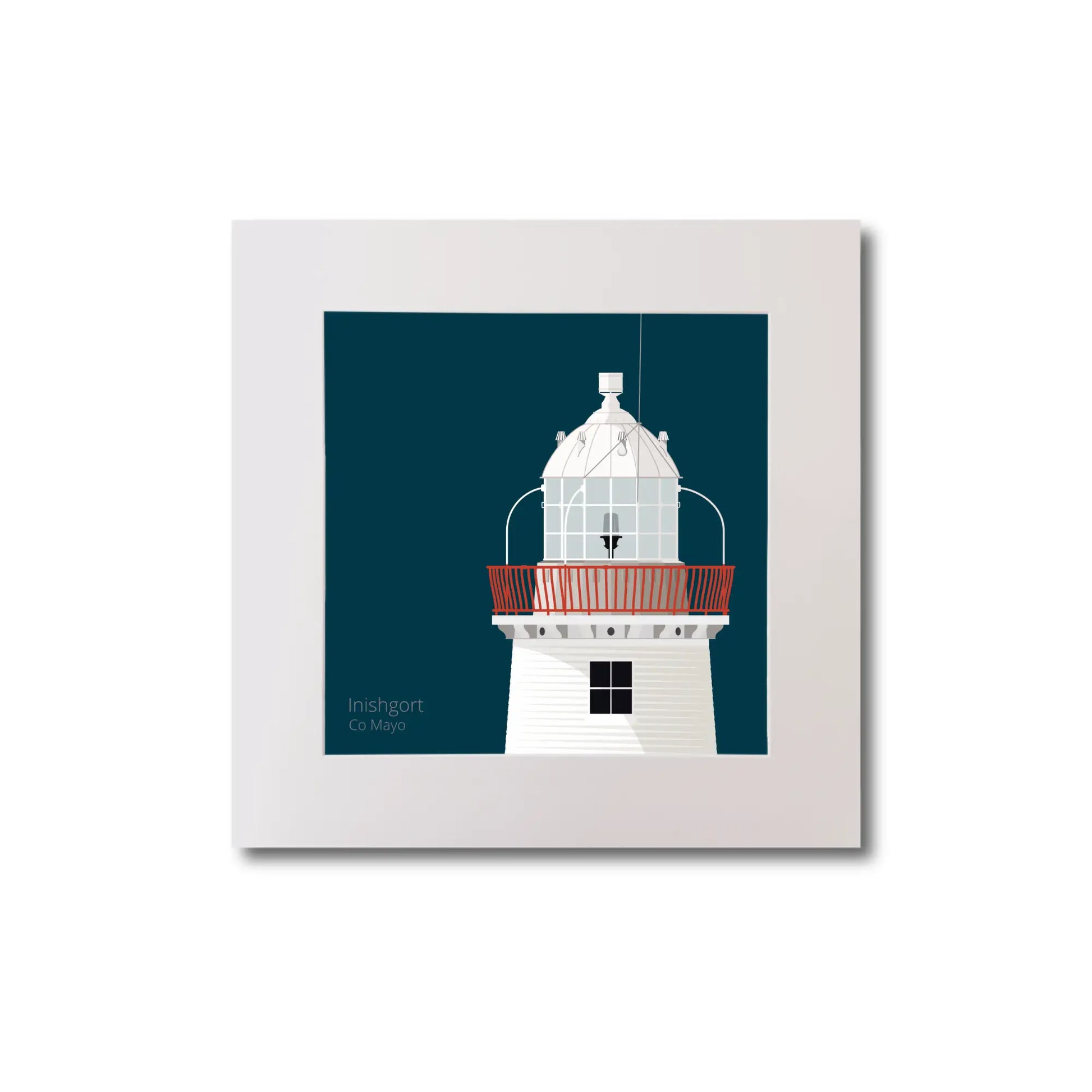 Illustration of Inishgort lighthouse on a midnight blue background, mounted and measuring 20x20cm.