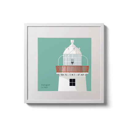 Illustration of Inishgort lighthouse on an ocean green background,  in a white square frame measuring 20x20cm.