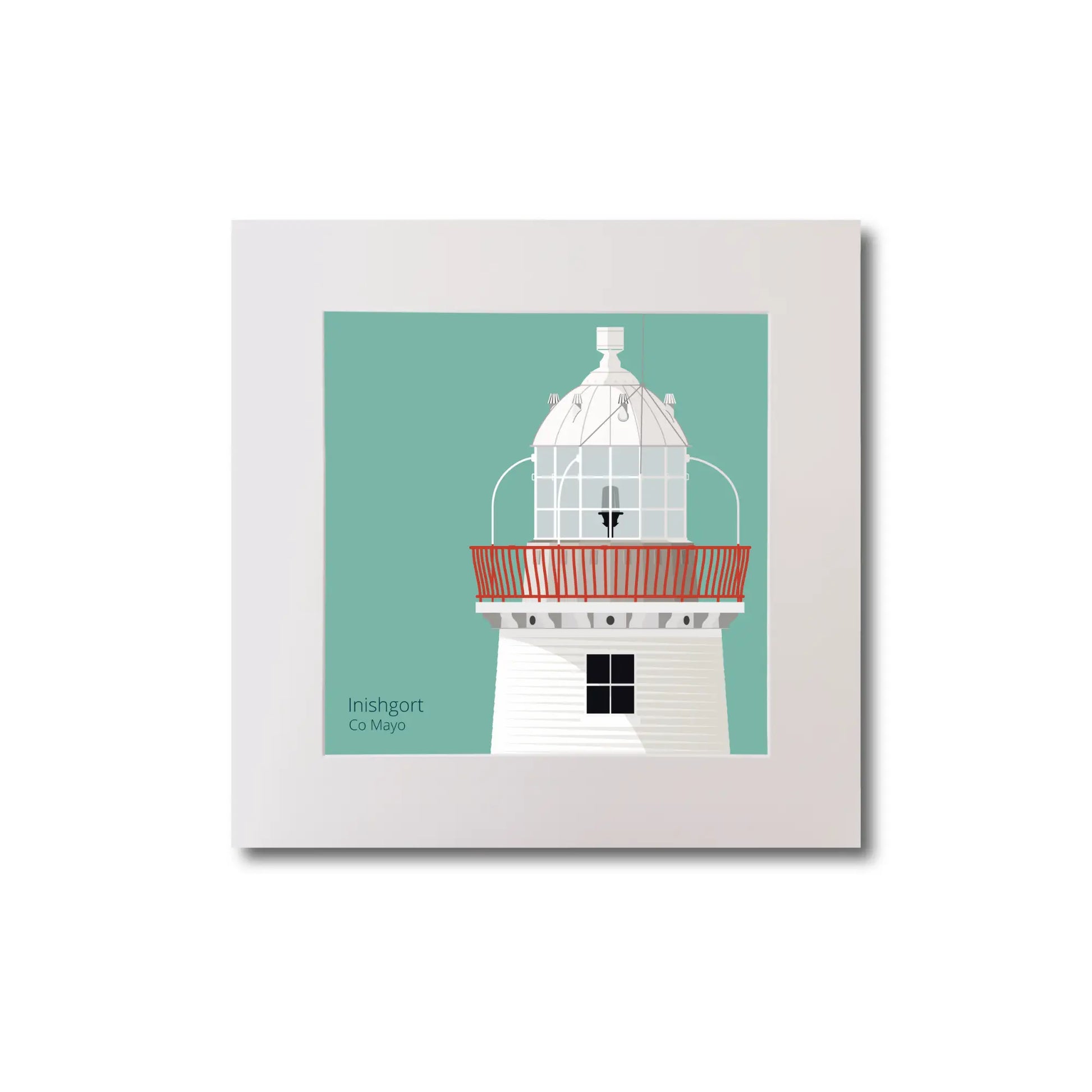 Illustration of Inishgort lighthouse on an ocean green background, mounted and measuring 20x20cm.