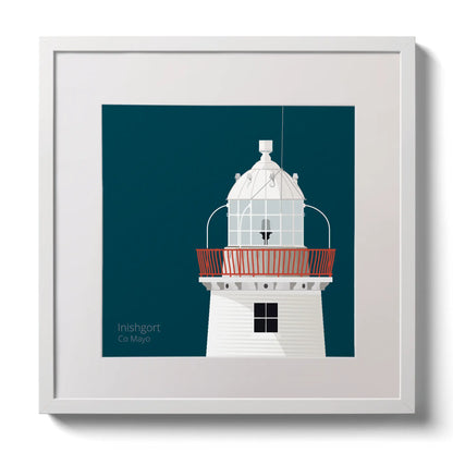 Illustration of Inishgort lighthouse on a midnight blue background,  in a white square frame measuring 30x30cm.