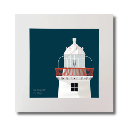 Illustration of Inishgort lighthouse on a midnight blue background, mounted and measuring 30x30cm.