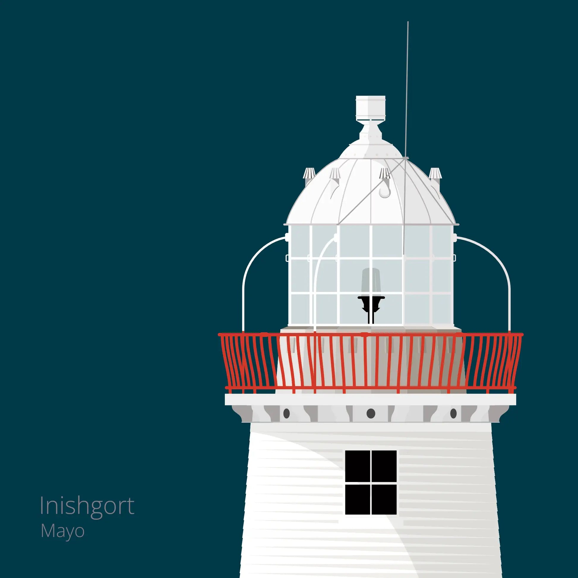 Illustration of Inishgort lighthouse on a midnight blue background