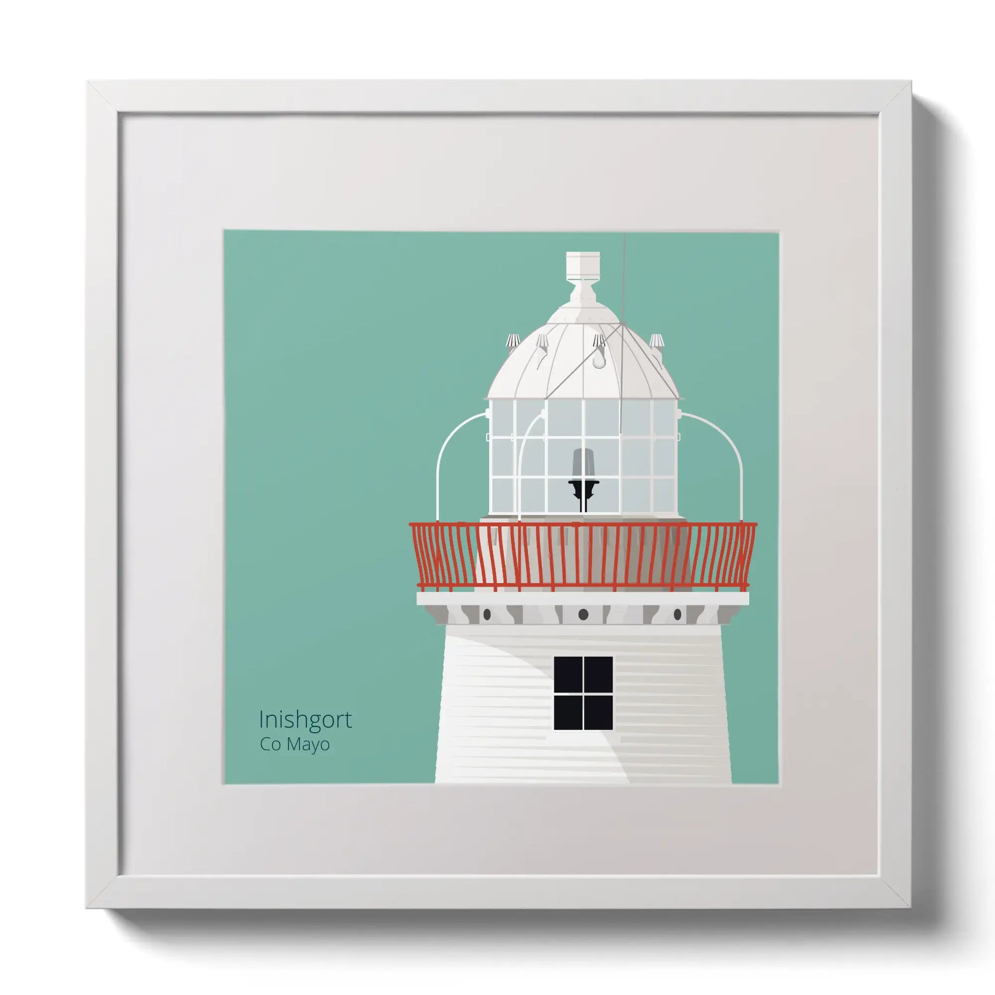 Illustration of Inishgort lighthouse on an ocean green background,  in a white square frame measuring 30x30cm.