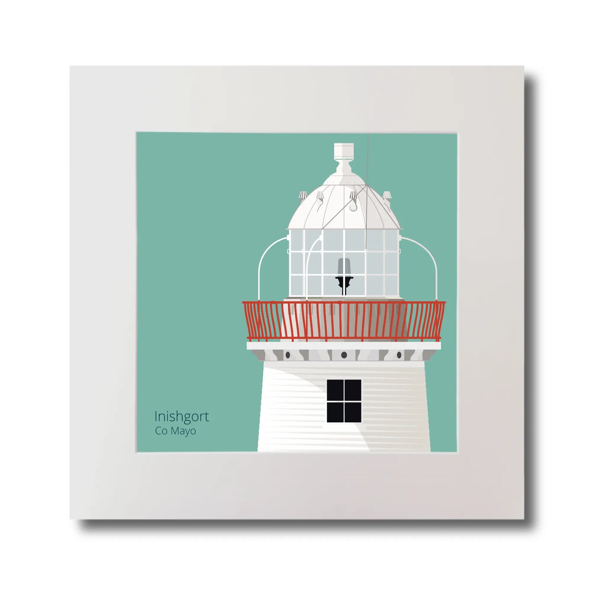 Illustration of Inishgort lighthouse on an ocean green background, mounted and measuring 30x30cm.