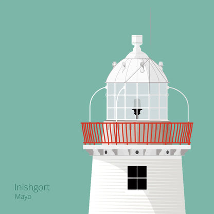 Illustration of Inishgort lighthouse on an ocean green background