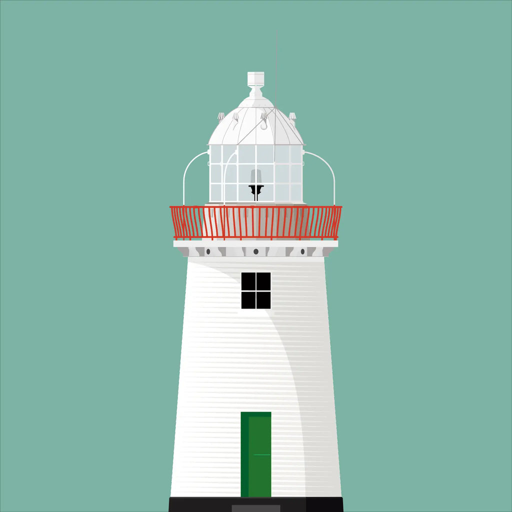 Illustration of Blackhead lighthouse on a white background inside light blue square.