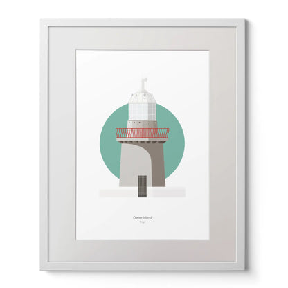 Illustration of Oyster Island lighthouse on a white background inside light blue square,  in a white frame measuring 40x50cm.
