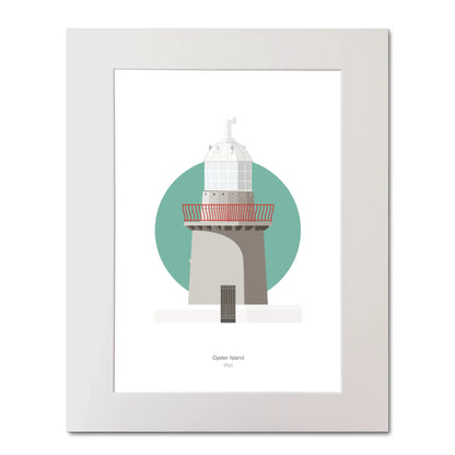 Illustration of Oyster Island lighthouse on a white background inside light blue square, mounted and measuring 40x50cm.