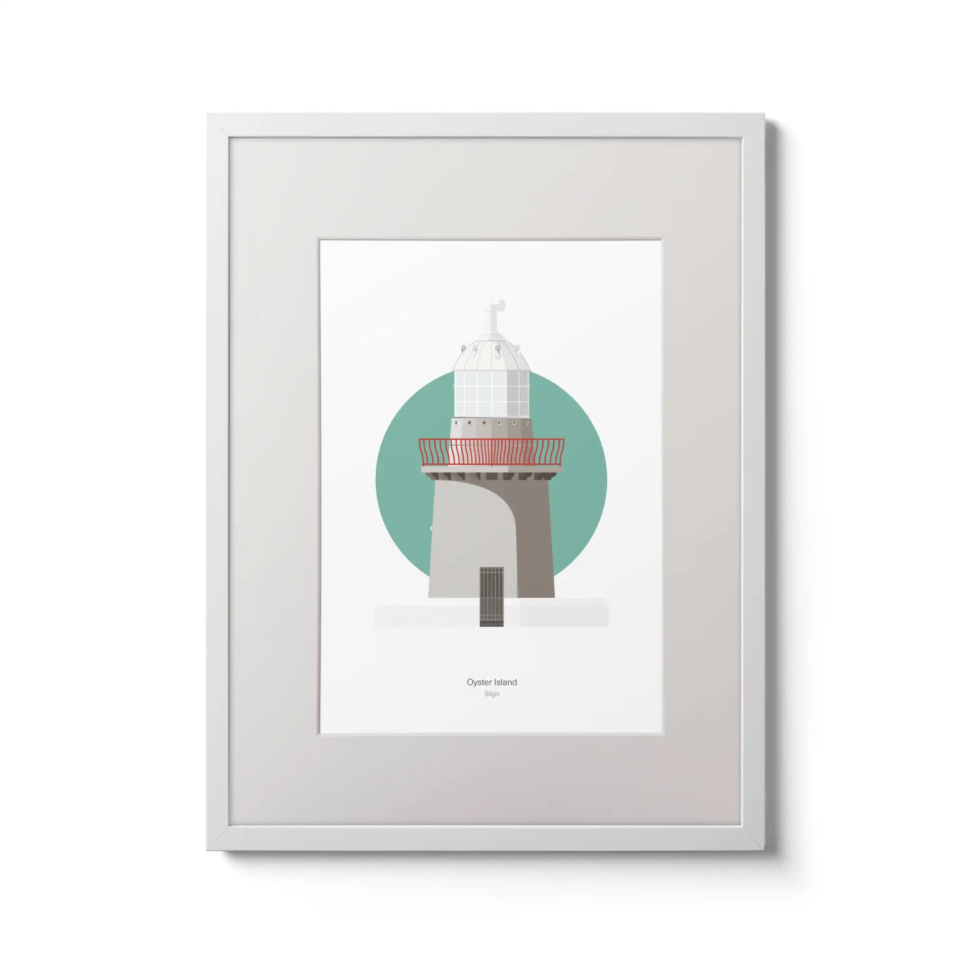 Illustration of Oyster Island lighthouse on a white background inside light blue square,  in a white frame measuring 30x40cm.