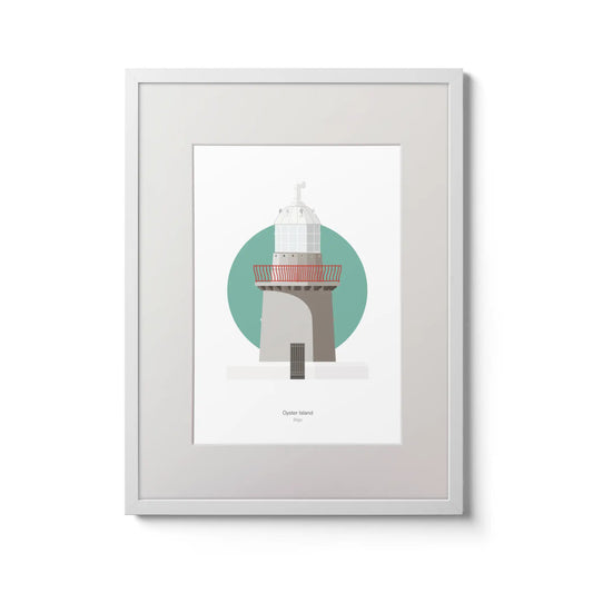Illustration of Oyster Island lighthouse on a white background inside light blue square,  in a white frame measuring 30x40cm.