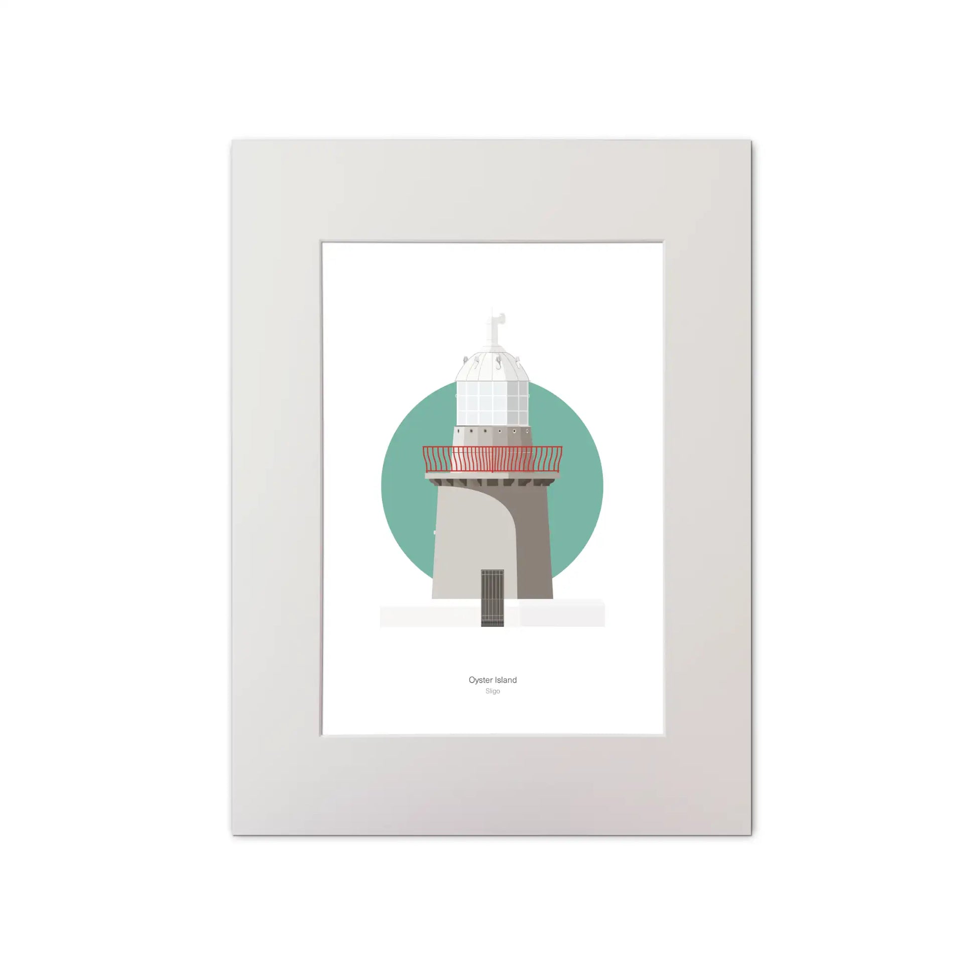 Illustration of Oyster Island lighthouse on a white background inside light blue square, mounted and measuring 30x40cm.
