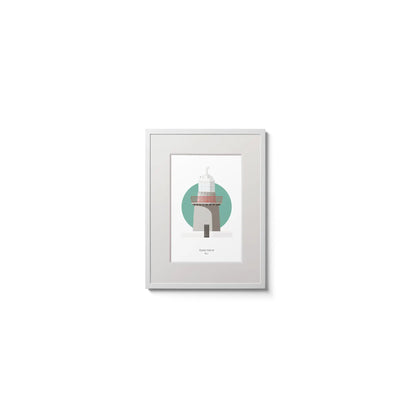 Illustration of Oyster Island lighthouse on a white background inside light blue square,  in a white frame measuring 15x20cm.