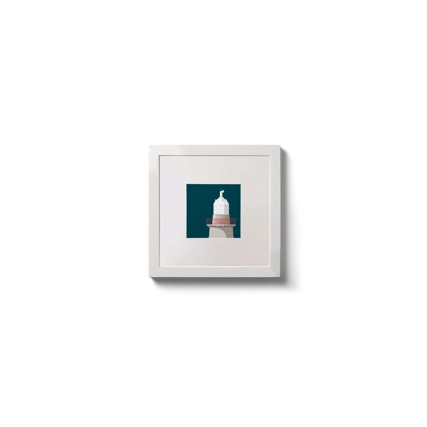 Illustration of Oyster Island lighthouse on a midnight blue background,  in a white square frame measuring 10x10cm.