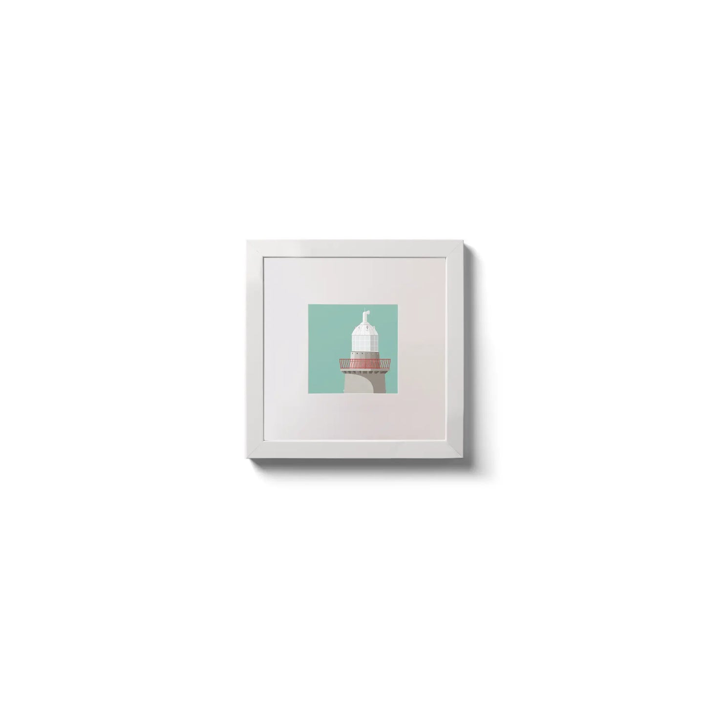 Illustration of Oyster Island lighthouse on an ocean green background,  in a white square frame measuring 10x10cm.