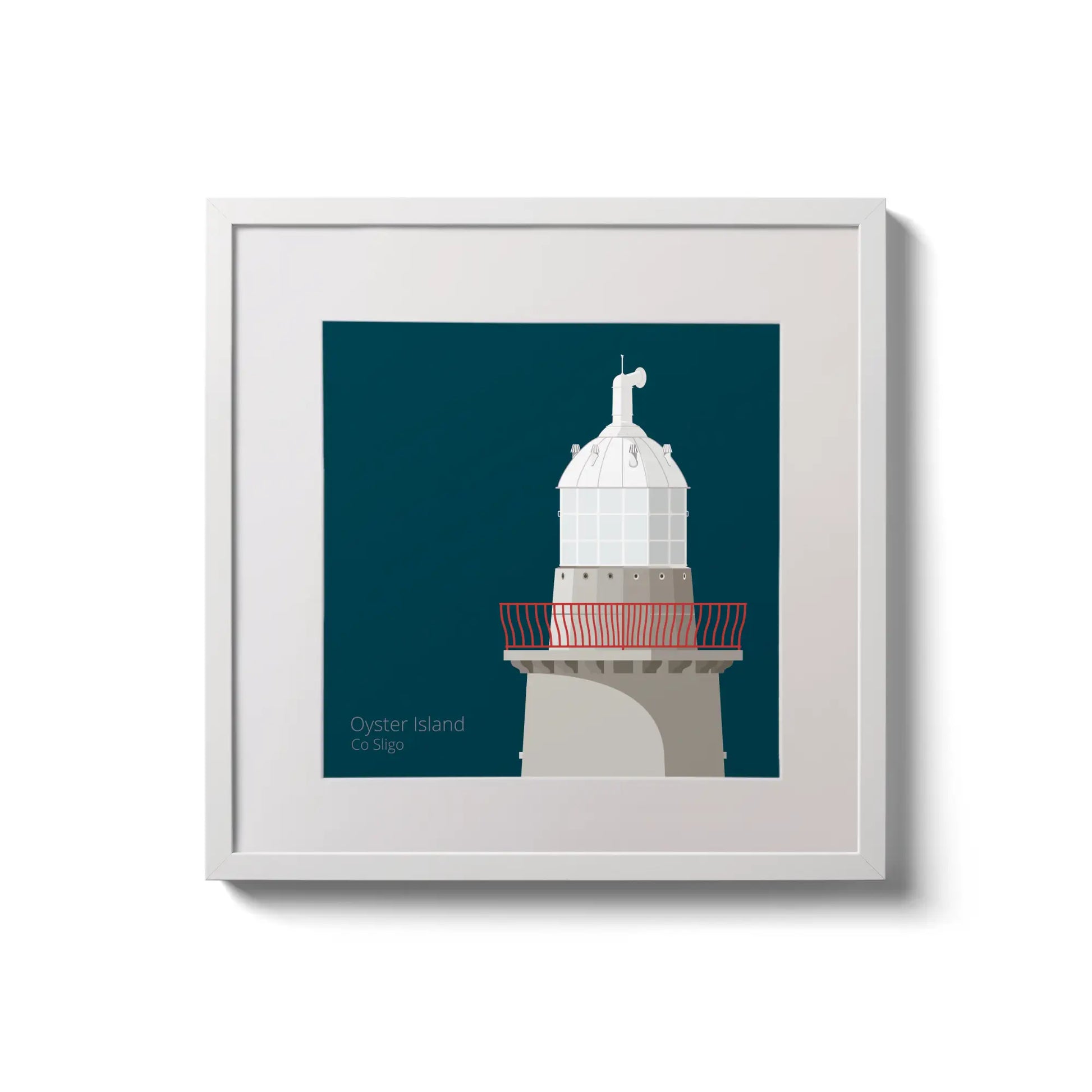Illustration of Oyster Island lighthouse on a midnight blue background,  in a white square frame measuring 20x20cm.