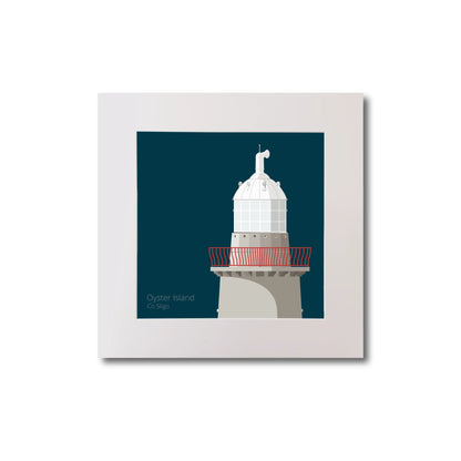 Illustration of Oyster Island lighthouse on a midnight blue background, mounted and measuring 20x20cm.