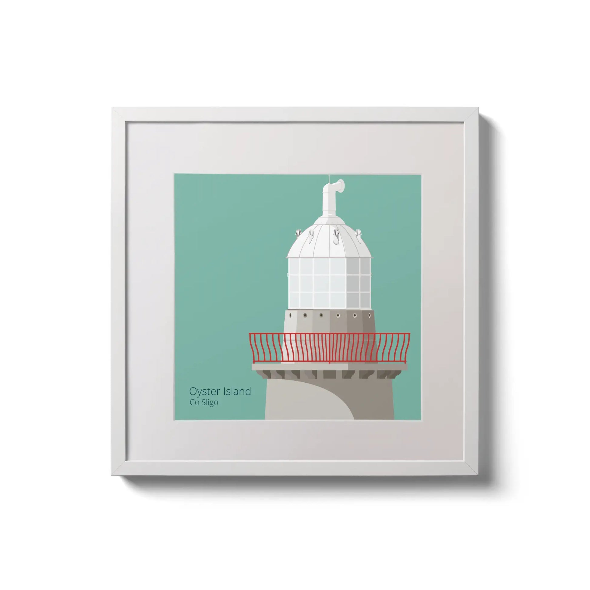 Illustration of Oyster Island lighthouse on an ocean green background,  in a white square frame measuring 20x20cm.