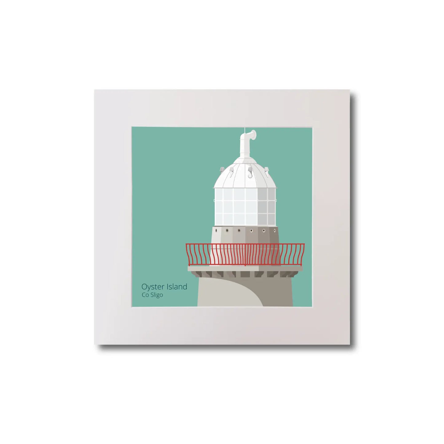 Illustration of Oyster Island lighthouse on an ocean green background, mounted and measuring 20x20cm.