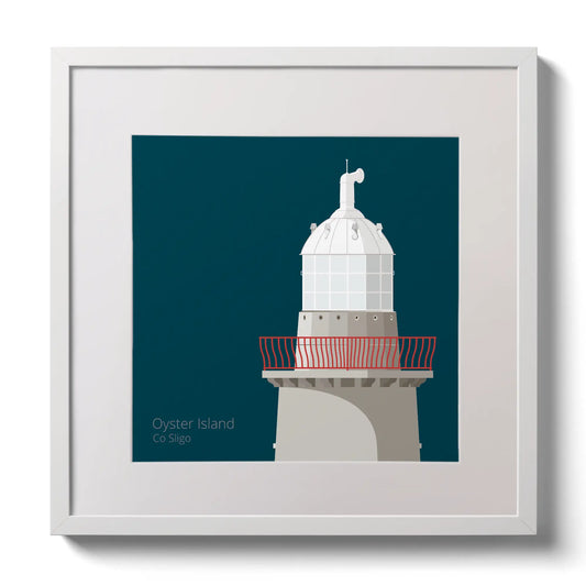 Illustration of Oyster Island lighthouse on a midnight blue background,  in a white square frame measuring 30x30cm.