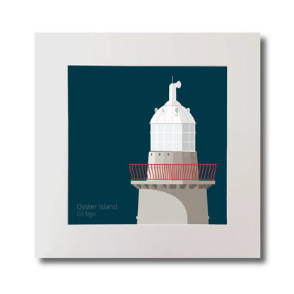 Illustration of Oyster Island lighthouse on a midnight blue background, mounted and measuring 30x30cm.