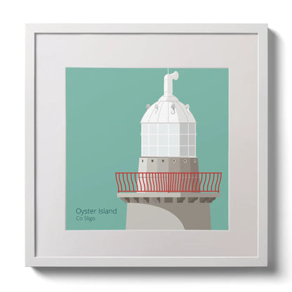 Illustration of Oyster Island lighthouse on an ocean green background,  in a white square frame measuring 30x30cm.