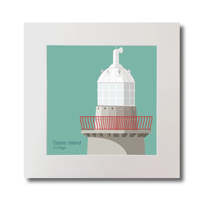 Illustration of Oyster Island lighthouse on an ocean green background, mounted and measuring 30x30cm.