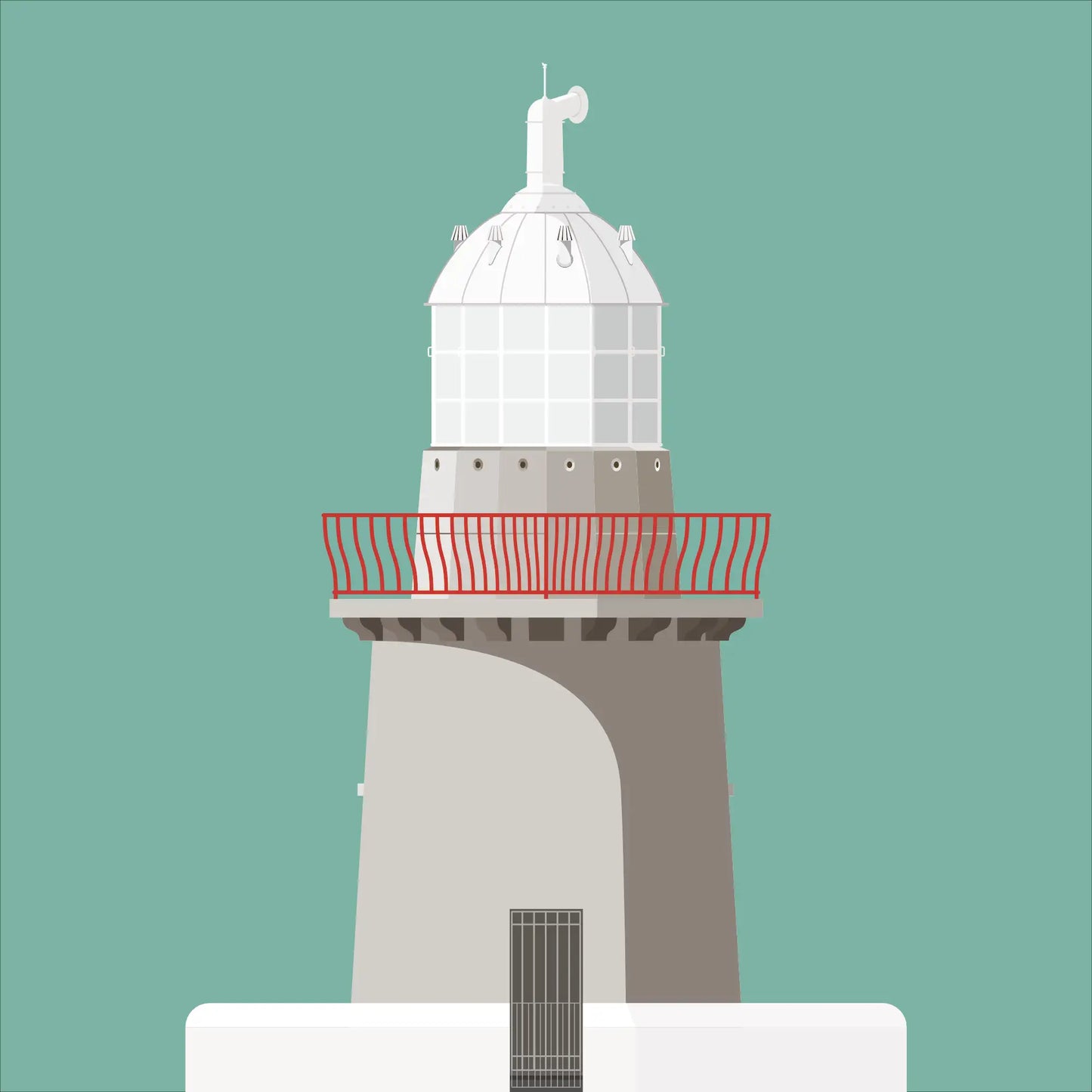 Illustration of Oyster Island lighthouse on a white background inside light blue square.