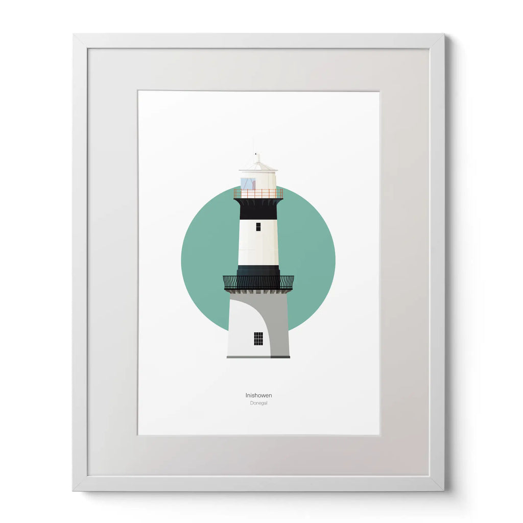 Illustration of Inishowen lighthouse on a white background inside light blue square,  in a white frame measuring 40x50cm.