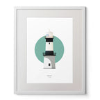 Illustration of Inishowen lighthouse on a white background inside light blue square,  in a white frame measuring 40x50cm.