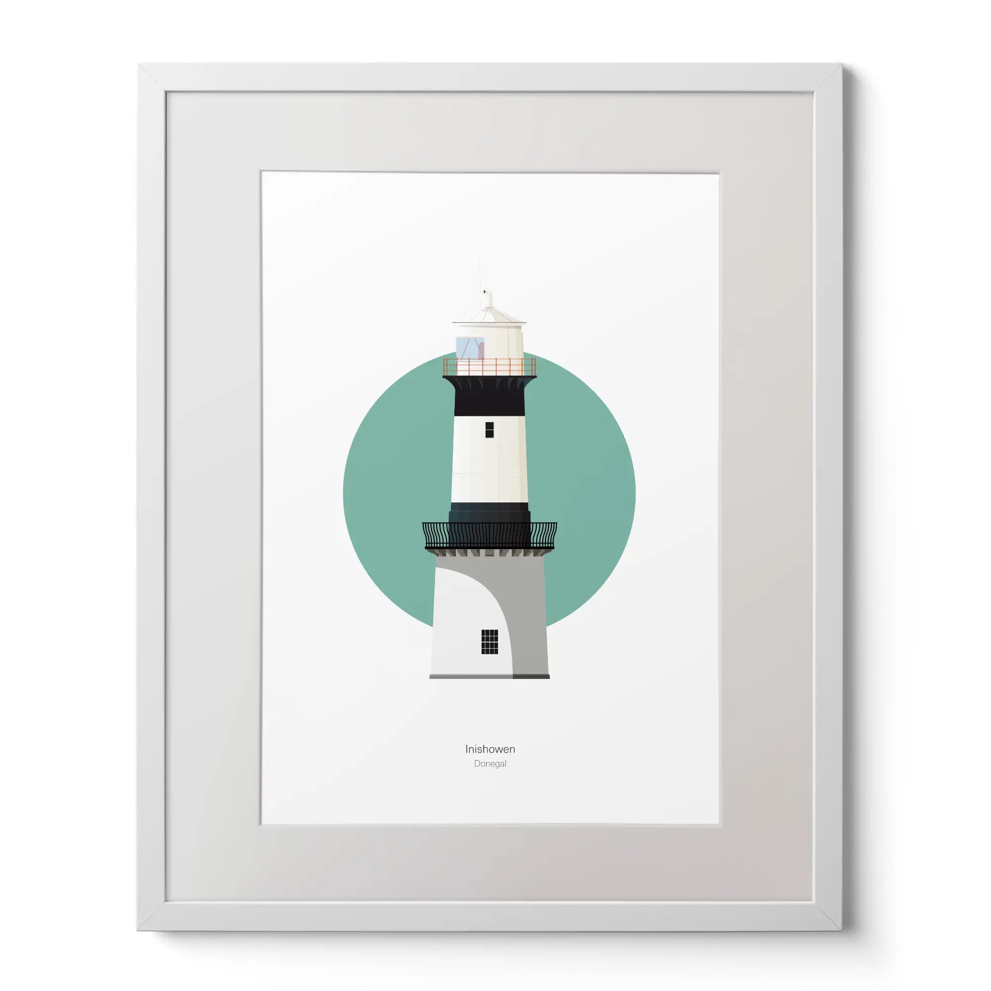 Illustration of Inishowen lighthouse on a white background inside light blue square,  in a white frame measuring 40x50cm.