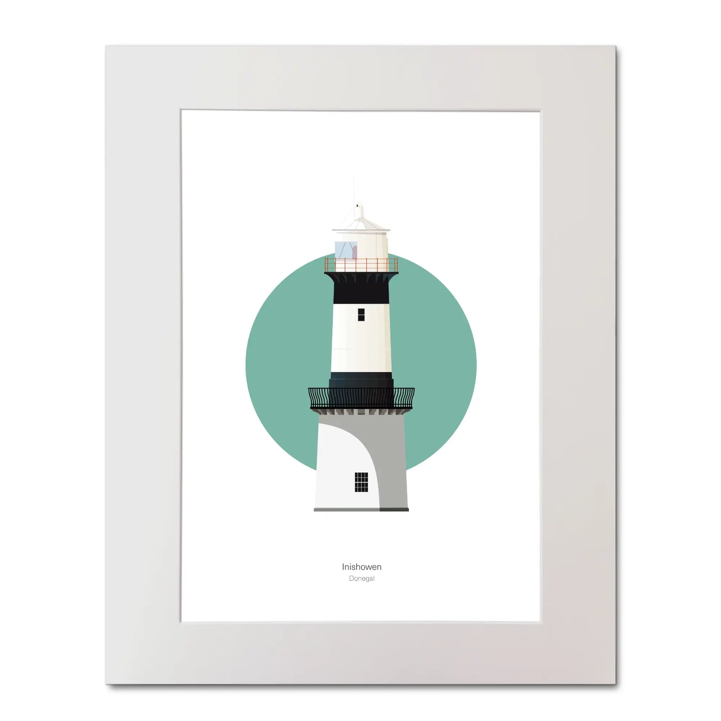 Illustration of Inishowen lighthouse on a white background inside light blue square, mounted and measuring 40x50cm.