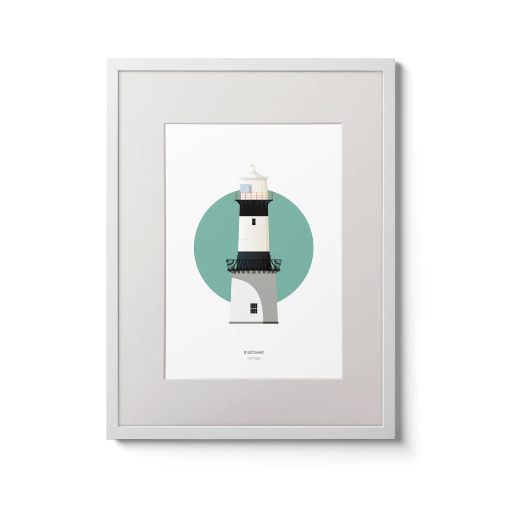 Illustration of Inishowen lighthouse on a white background inside light blue square,  in a white frame measuring 30x40cm.