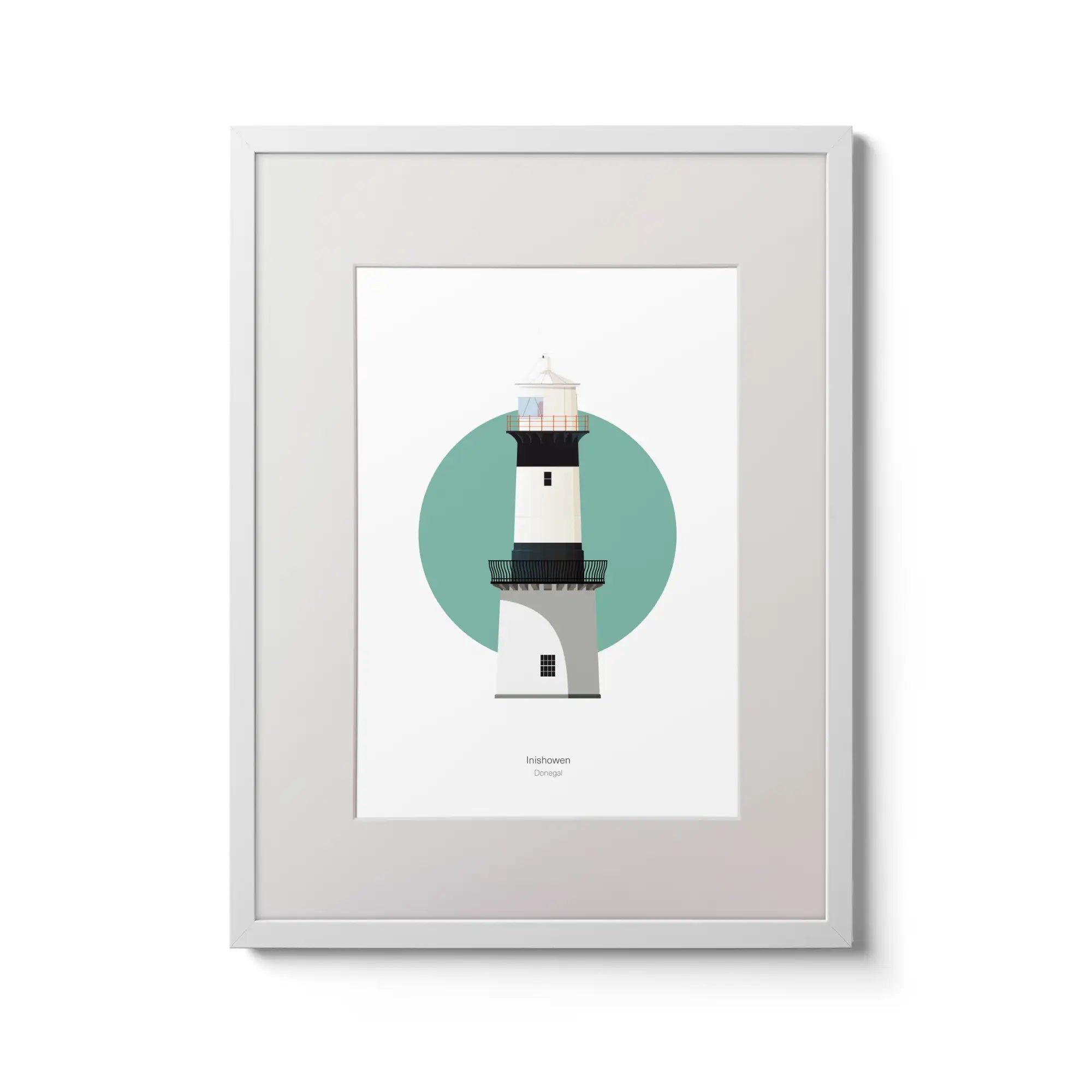 Illustration of Inishowen lighthouse on a white background inside light blue square,  in a white frame measuring 30x40cm.