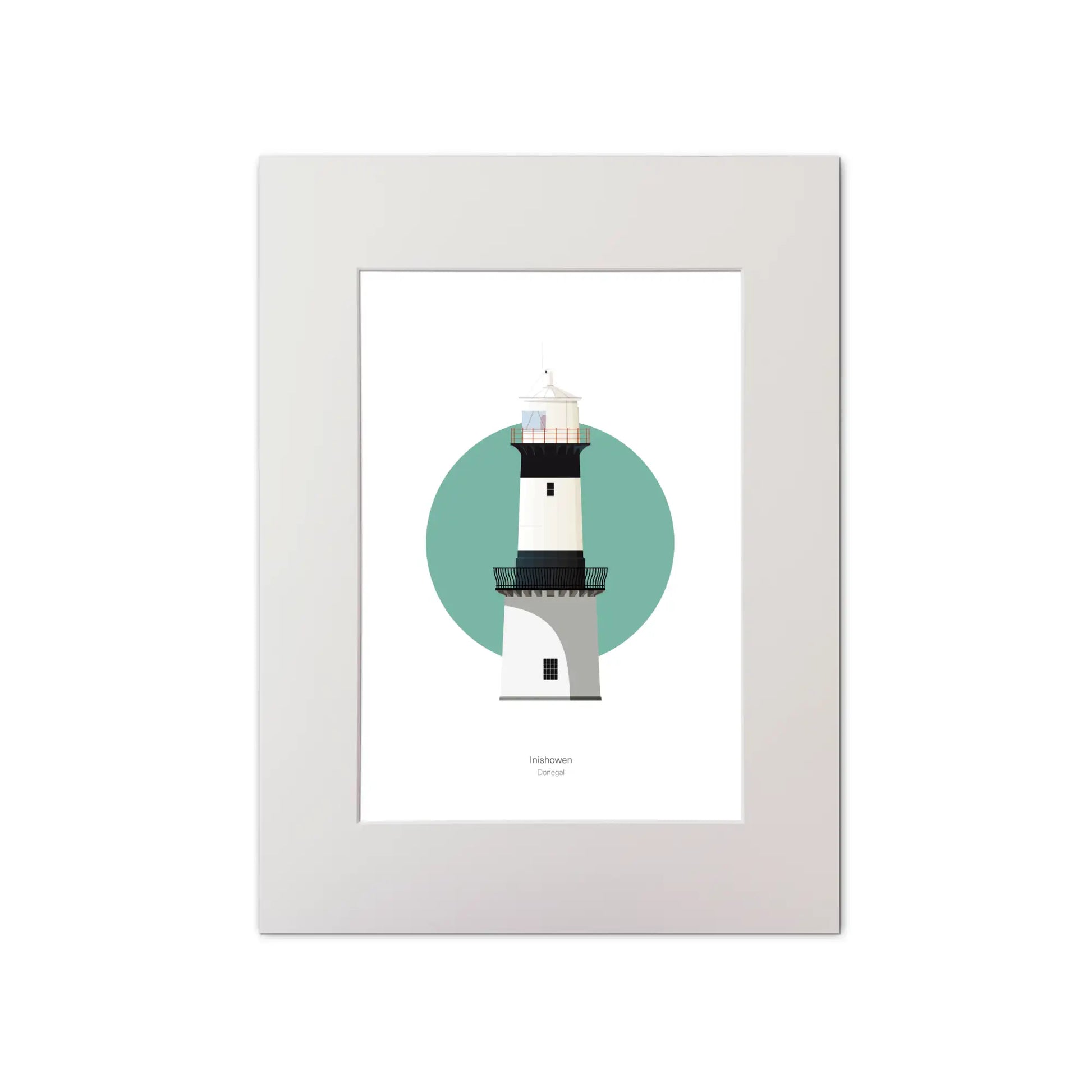 Illustration of Inishowen lighthouse on a white background inside light blue square, mounted and measuring 30x40cm.