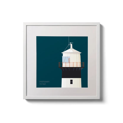 Illustration of inishowen lighthouse on a midnight blue background,  in a white square frame measuring 20x20cm.