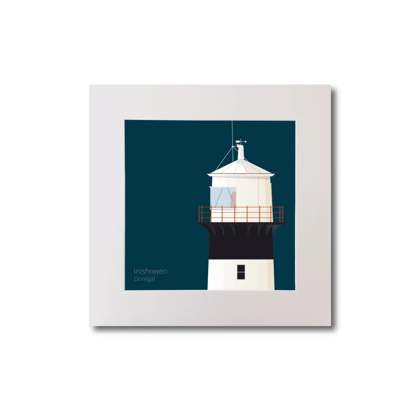 Illustration of inishowen lighthouse on a midnight blue background, mounted and measuring 20x20cm.