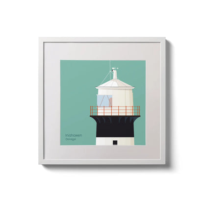 Illustration of inishowen lighthouse on an ocean green background,  in a white square frame measuring 20x20cm.