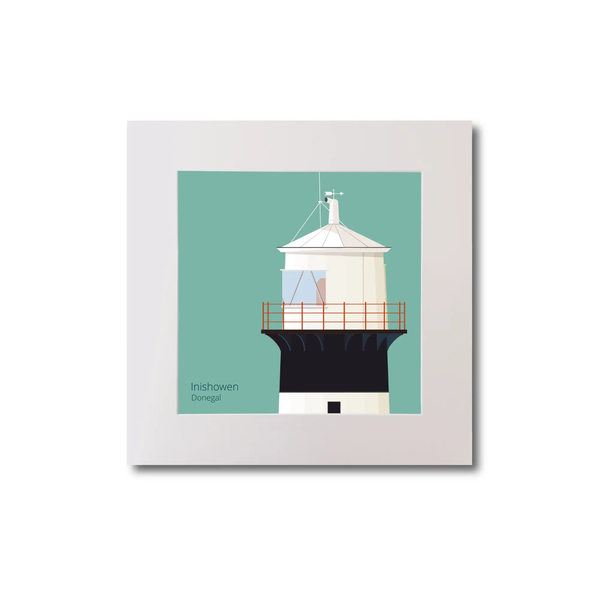 Illustration of inishowen lighthouse on an ocean green background, mounted and measuring 20x20cm.