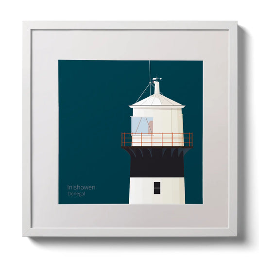 Illustration of inishowen lighthouse on a midnight blue background,  in a white square frame measuring 30x30cm.