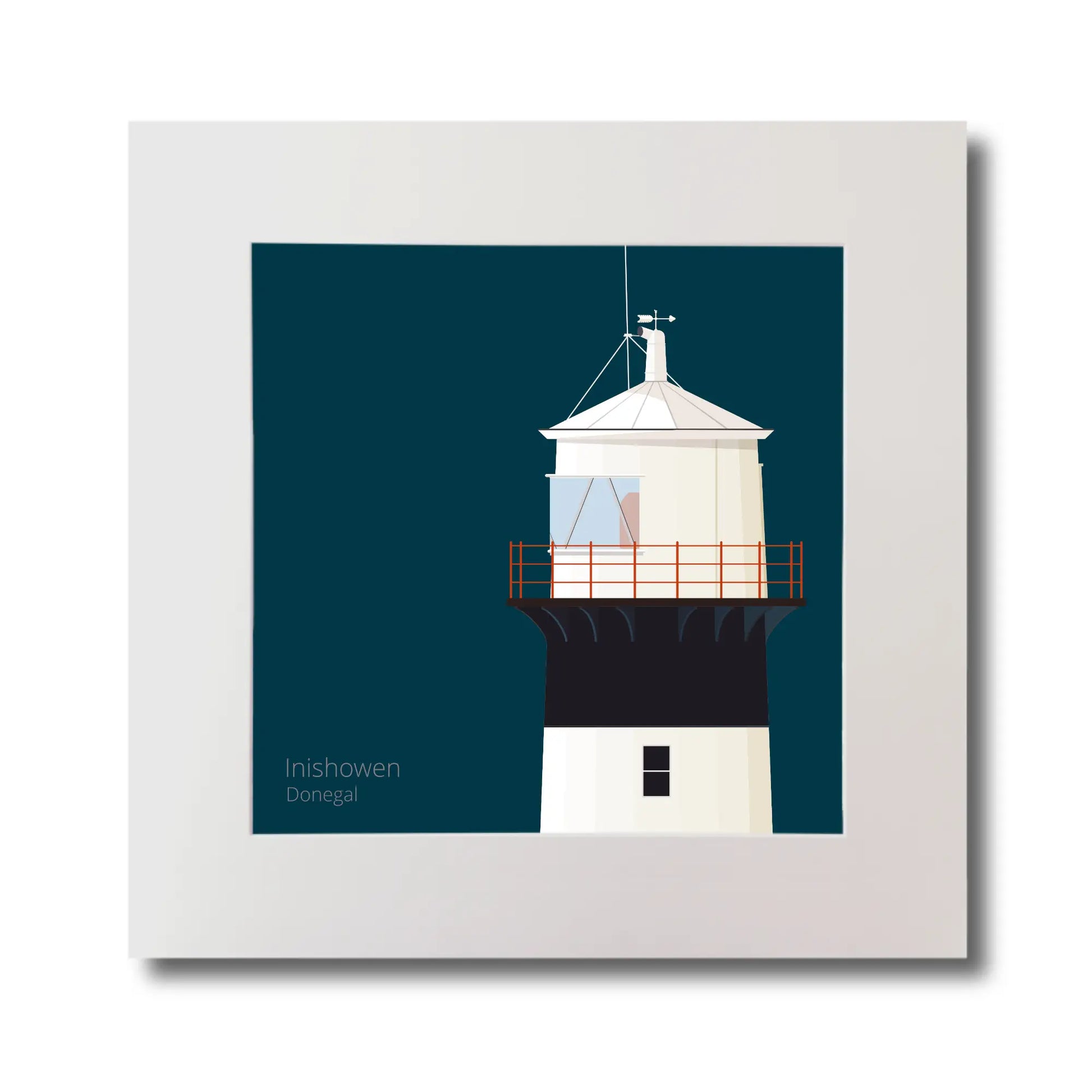 Illustration of inishowen lighthouse on a midnight blue background, mounted and measuring 30x30cm.