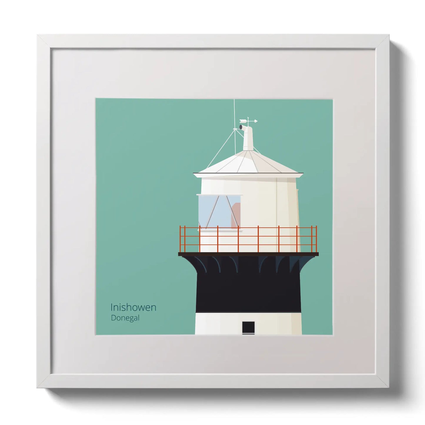 Illustration of inishowen lighthouse on an ocean green background,  in a white square frame measuring 30x30cm.