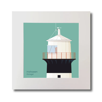 Illustration of inishowen lighthouse on an ocean green background, mounted and measuring 30x30cm.