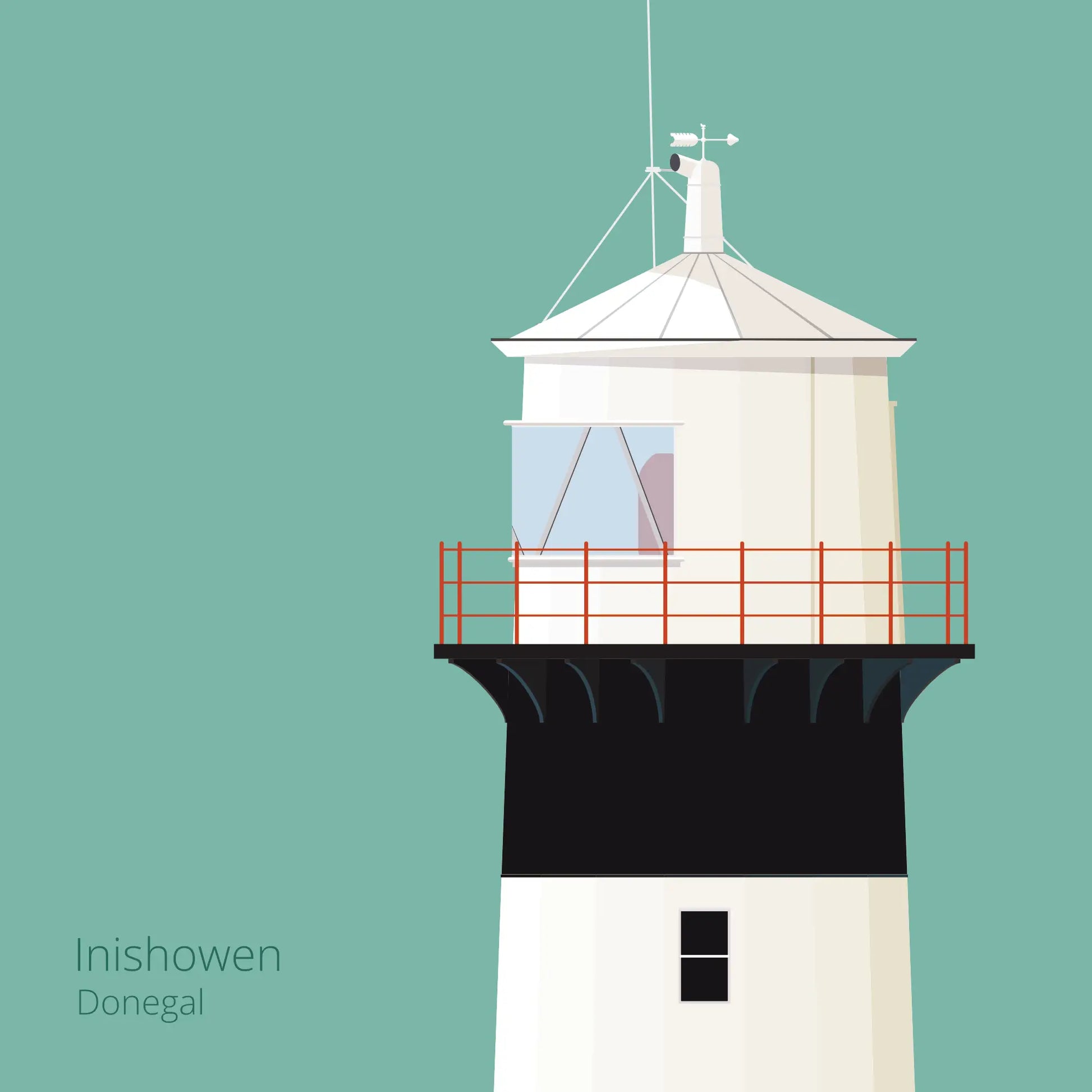 Illustration of inishowen lighthouse on an ocean green background