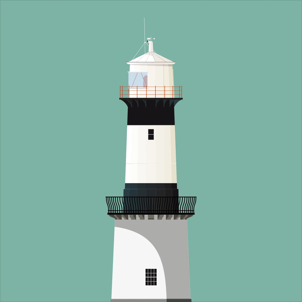 Illustration of Inishowen lighthouse on a white background inside light blue square.
