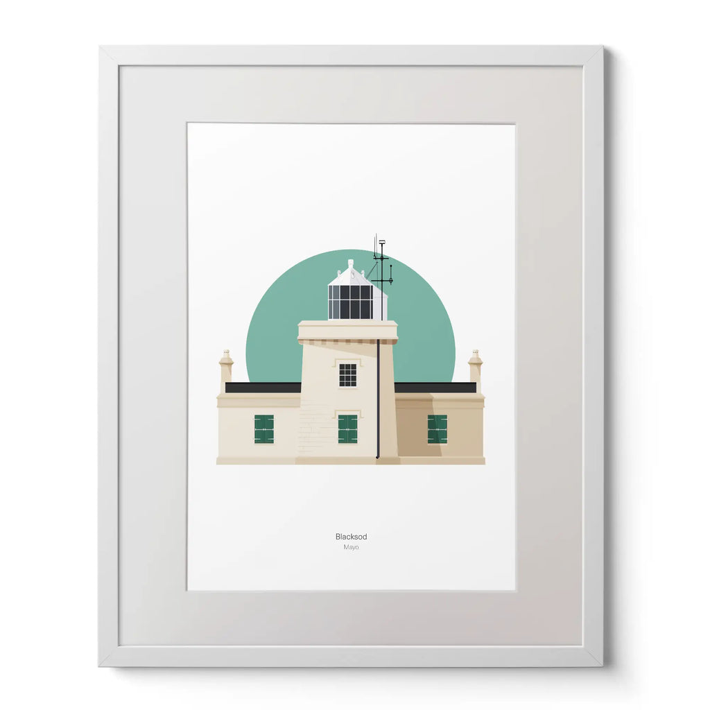 Illustration of Blacksod lighthouse on a white background inside light blue square,  in a white frame measuring 40x50cm.